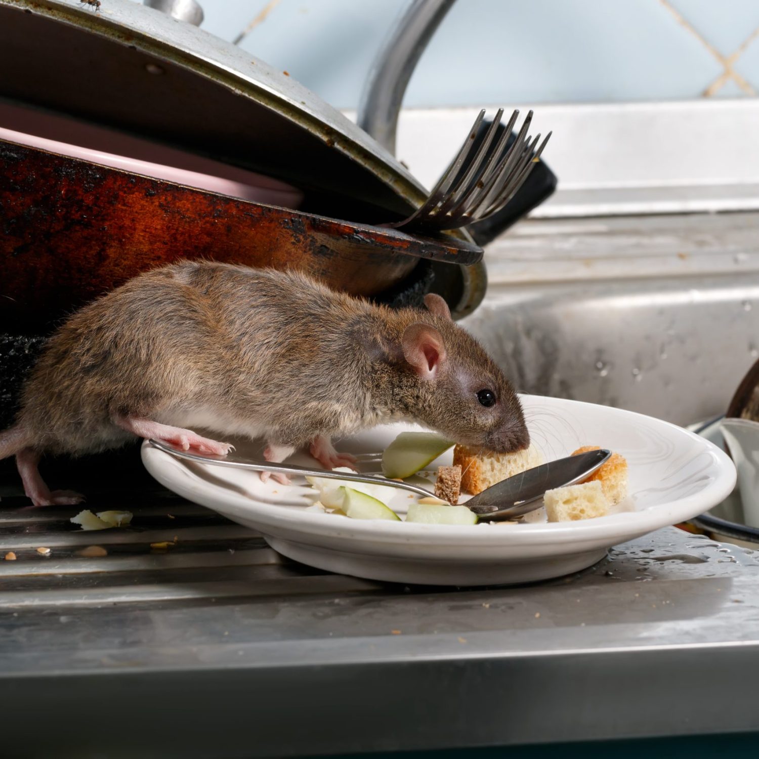 Close-up young rat (Rattus norvegicus) sniffs leftovers on a pla